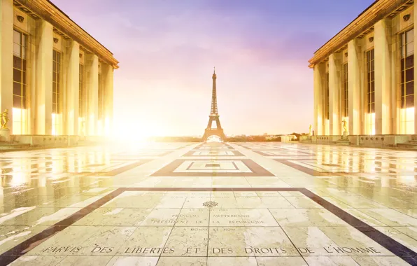 Картинка город, рассвет, Франция, Париж, здания, утро, площадь, Эйфелева башня