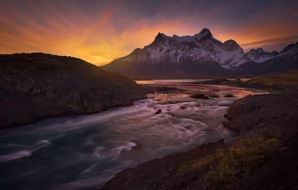 Закат, горы, река, Чили, Chile, Patagonia, Патагония, Paine River