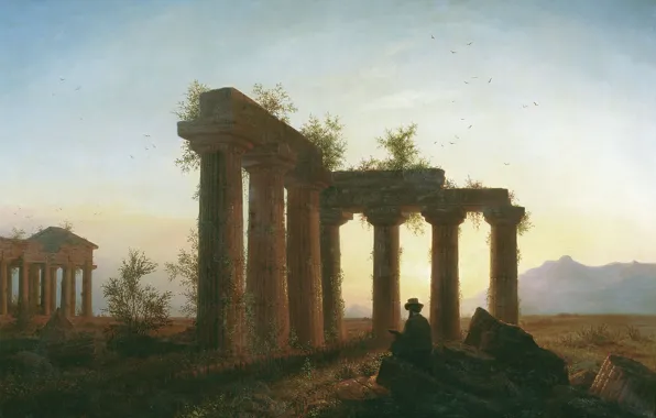 Картинка человек, Развалины, живопись, закат солнца, греческий храм