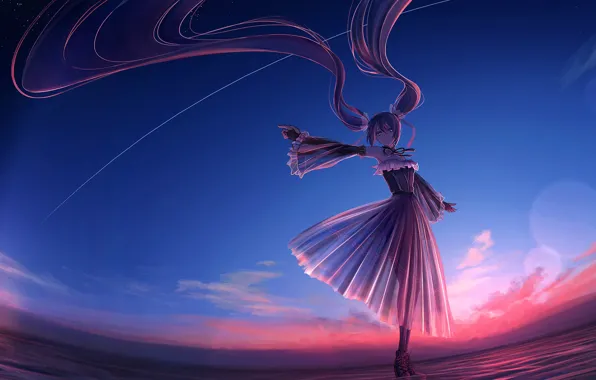 Небо, вода, девушка, Hatsune Miku, Vocaloid