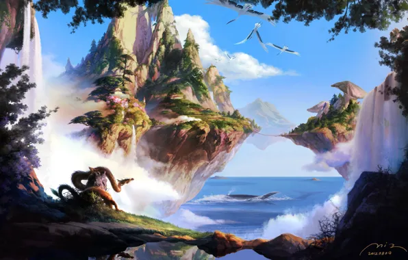 Картинка море, острова, деревья, горы, птицы, мост, природа, скалы