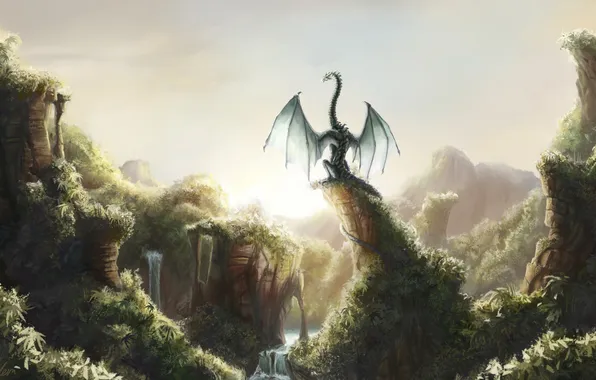 Картинка зелень, скалы, дракон, арт, водопады