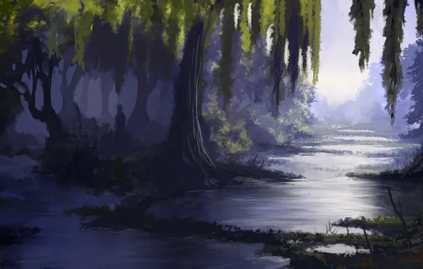 Картинка лес, вода, деревья, болото, чаща, арт