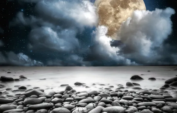 Картинка moon, beach, sky, sea, night, clouds, stones, moonlight