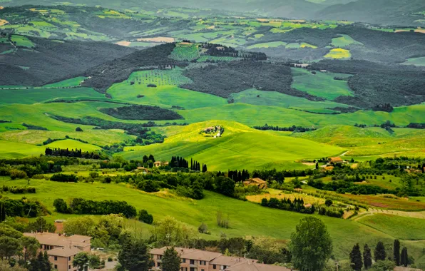 Деревья, поля, дома, Италия, панорама, Tuscany