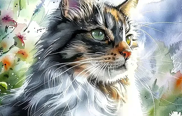 Цветы, Взгляд, Кошка, Усы, Кот, Морда, Арт, Цифровое искусство
