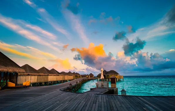 Картинка море, небо, облака, тропики, горизонт, Мальдивы, бунгало