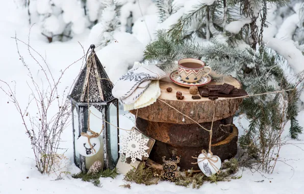 Картинка зима, снег, украшения, чай, игрушки, елка, шоколад, Новый Год