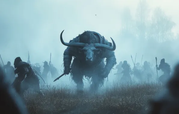 Туман, Сражение, Чудовище, Воины, Рога, Цифровое искусство, Минотавр, Minotaur