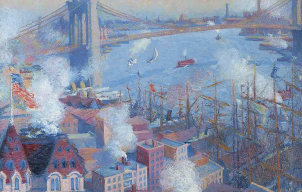 Картинка мост, дома, картина, Нью-Йорк, Brooklyn Bridge, городской пейзаж, Theodore Earl Butler