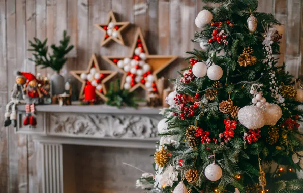 Украшения, шары, елка, Новый Год, Рождество, подарки, камин, Christmas