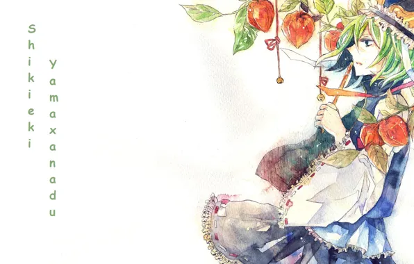 Шапка, жрица, зеленые волосы, в профиль, Touhou Project, акварельный рисунок, Проект Восток, Shikieiki Yamaxanadu