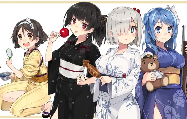 Картинка оружие, девушки, игрушка, аниме, арт, кимоно, конфета, kuro chairo no neko