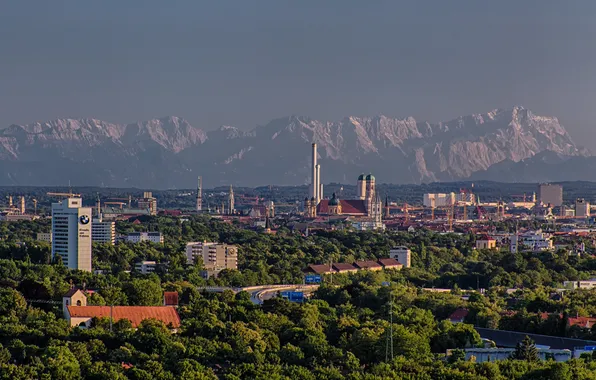 Картинка небо, деревья, пейзаж, горы, дома, Германия, Мюнхен, панорама