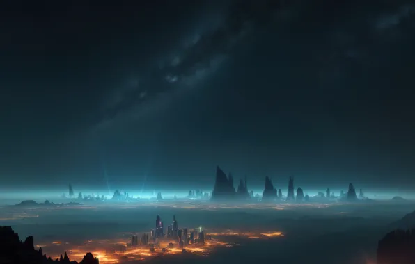 City, future, landscape, art, fantastic, night sky, digital art, Futuristic