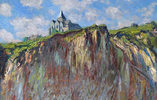Картинка пейзаж, скала, картина, Клод Моне, Церковь в Варанжвиле