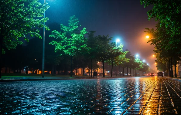 Отражения, ночь, city, город, дождь, улица, арт, фонари