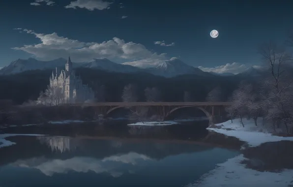 Moon, river, bridge, night, winter, castle, mount, Stable Diffusion