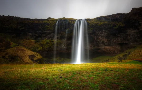 Картинка трава, скалы, водопад, grass, Исландия, waterfall, Iceland, cliff