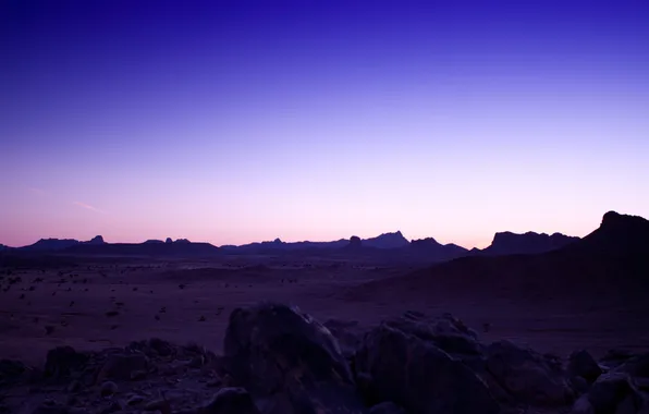Картинка фиолетовый, небо, синий, камни, пустыня, долина, сумерки