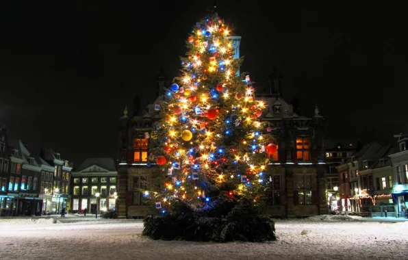 Картинка lights, holidays, Christmas, square, night, winter, snow, tree