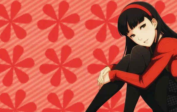 Девушка, цветы, красный, фон, Persona 4, Персона