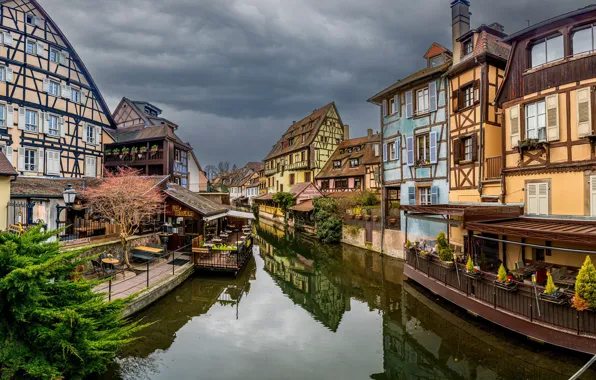 Облака, река, Франция, дома, канал, France, Colmar