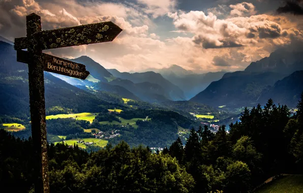 Картинка пейзаж, горы, тучи, природа, город, Германия, Бавария, Альпы