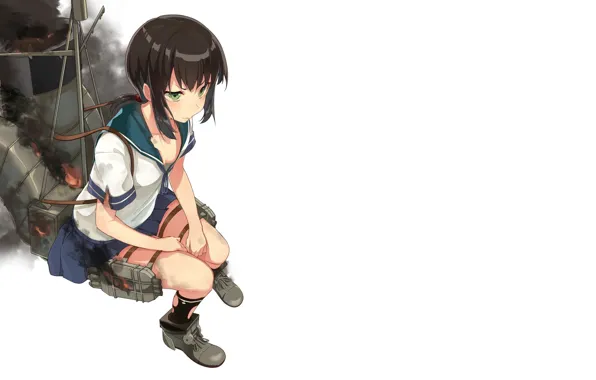 Girl, green eyes, weapon, anime, brunette, asian, oriental, asiatic