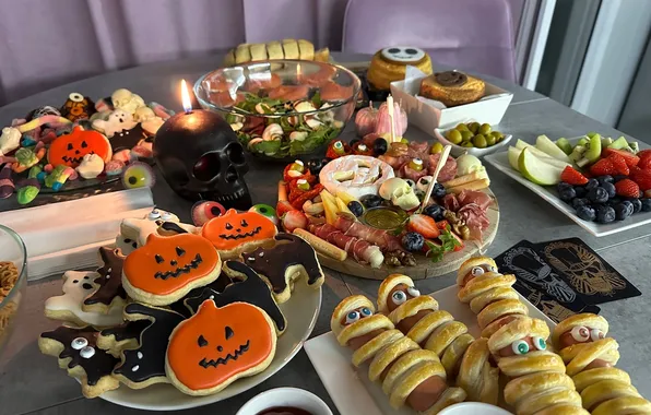 Праздник, свеча, Хэллоуин, сервировка, тыковки