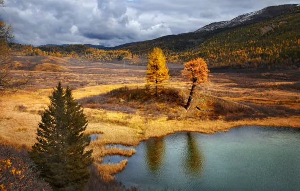 Картинка осень, вода, облака, пейзаж, горы, природа, холмы