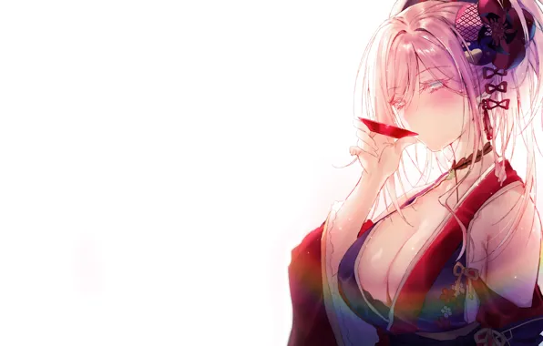 Girl, sexy, cleavage, blouse, pink hair, long hair, boobs, anime