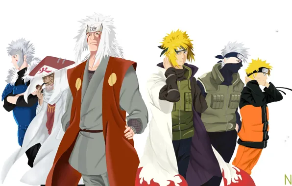 Naruto, naruto, art, Kakashi, Jiraiya, Minato, Hokage, Tobirama