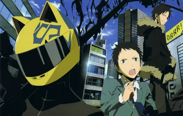 Эмоции, дома, шлем, телефон, art, durarara!!, celty sturluson, izaya orihara