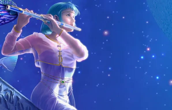 Картинка небо, девушка, звезды, арт, флейта, музыкальный инструмент, Yutaka Kagaya, kagaya