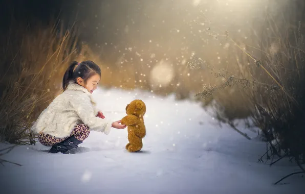 Картинка снег, мишка, девочка