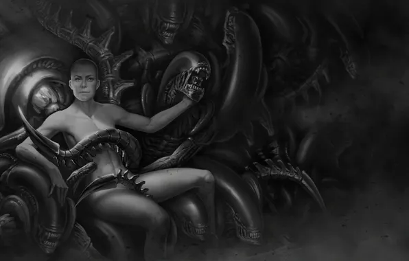 Alien, art, xenomorph, Ellen Ripley, Sigourney Weaver, giger