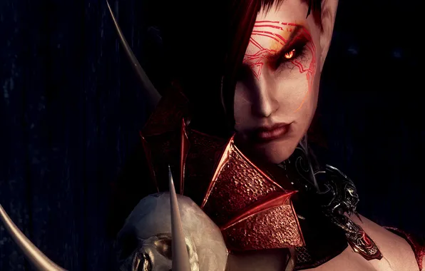 Картинка взгляд, лицо, красные глаза, скайрим, Skyrim, The Elder Scrolls V, вампирша