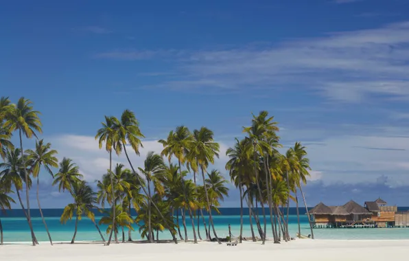 Пальмы, океан, бунгало, белый песок, Maldives, resort, Gili Lankanfushi