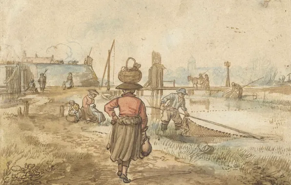 Рисунок, Хендрик Аверкамп, Hendrick Avercamp, 1595, Женщина с корзиной на голове