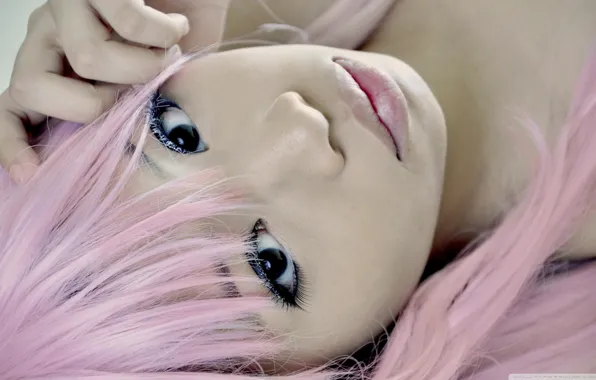 Взгляд, розовое, губки, eyes, asian girl, ping