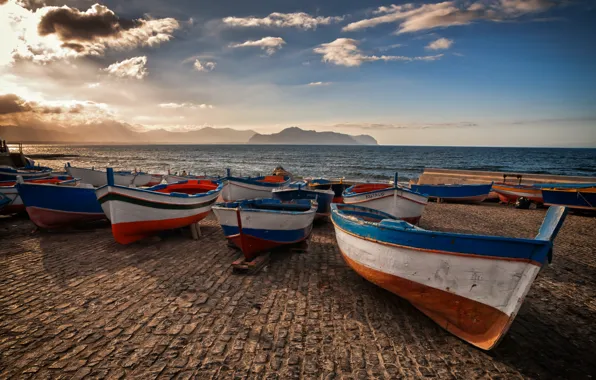 Горы, озеро, лодки, причал, Италия, ITALY, Sicily