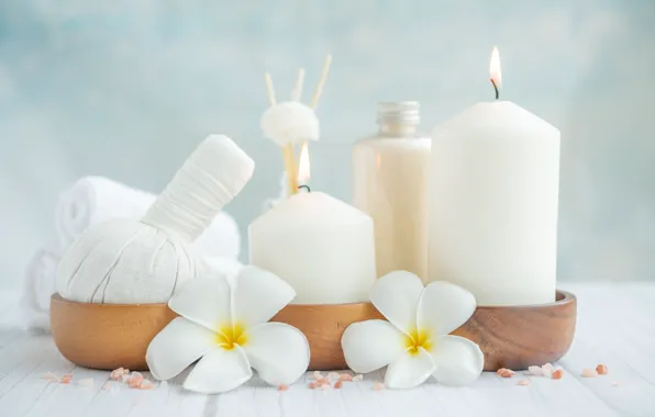 Цветы, доски, бутылка, полотенце, свечи, белые, светлый фон, поднос