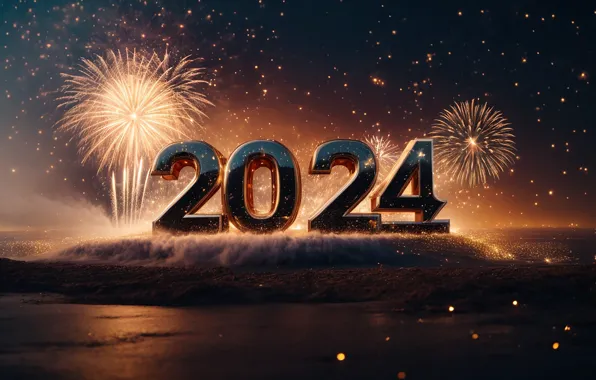 Салют, цифры, Новый год, golden, numbers, New year, 2024, fieworks