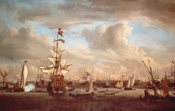 Корабли, картина, Виллем ван де Велде Младший, Willem van de Velde II, 'Золотой лев' Бывший …