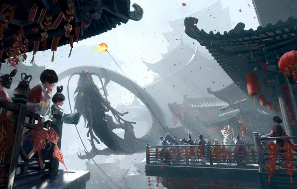 China, fantasy, people, dragon, digital art, buildings, artwork, architecture