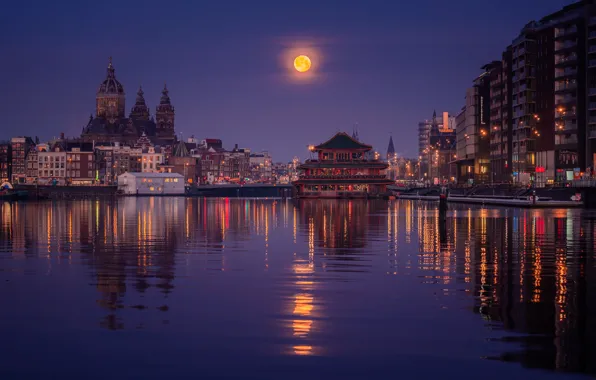 Луна, берег, здания, водоём, Amsterdam - My Home