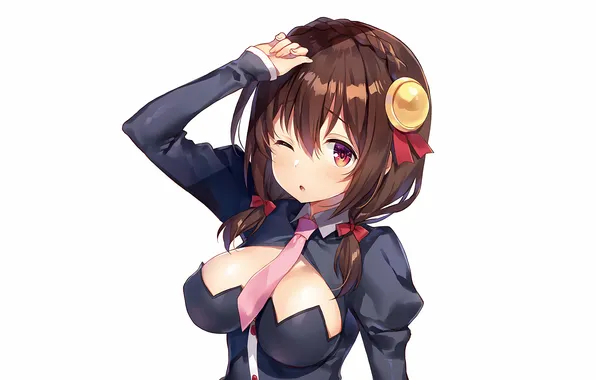 Girl, sexy, cleavage, blouse, long hair, brown hair, boobs, anime