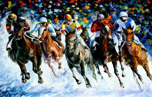 Картинка спорт, лошади, наездники, art, скачки