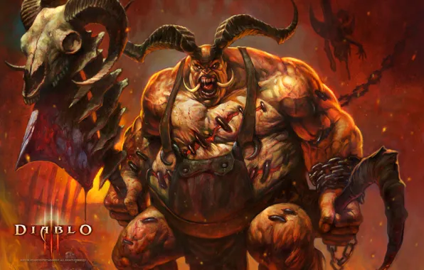 Кровь, монстр, рога, топор, Diablo III, Blizzard Entertainment, демон., мясник